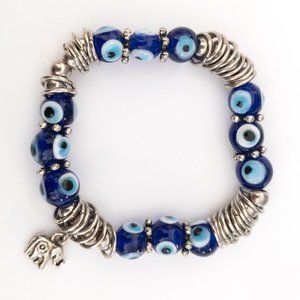 Stretch Evil Eye Bracelet w/ Elephant Charm Silvery Tone Blue Beaded Glass Rings